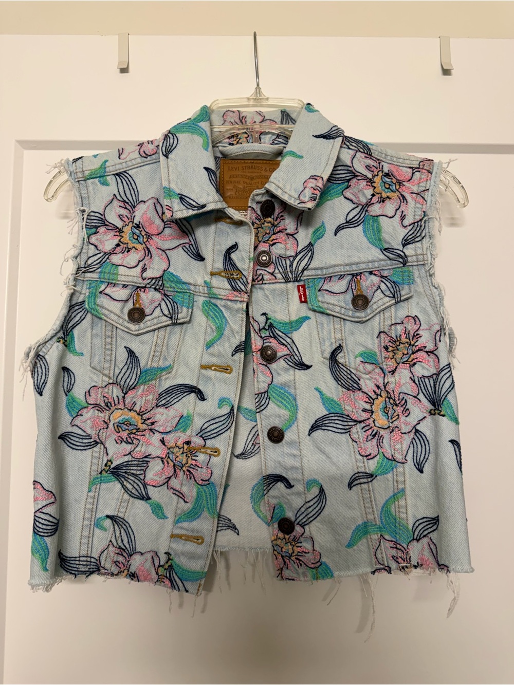 Levi's Light Wash Denim Vest with Pink Floral & Green Leaf Print